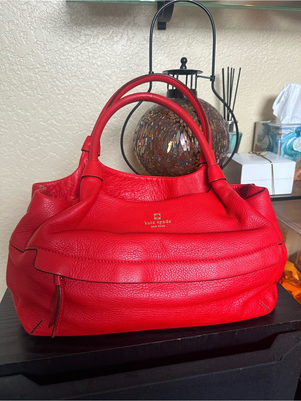 kate spade Red real Pebbled Leather Double-Handle Shoulder Bag